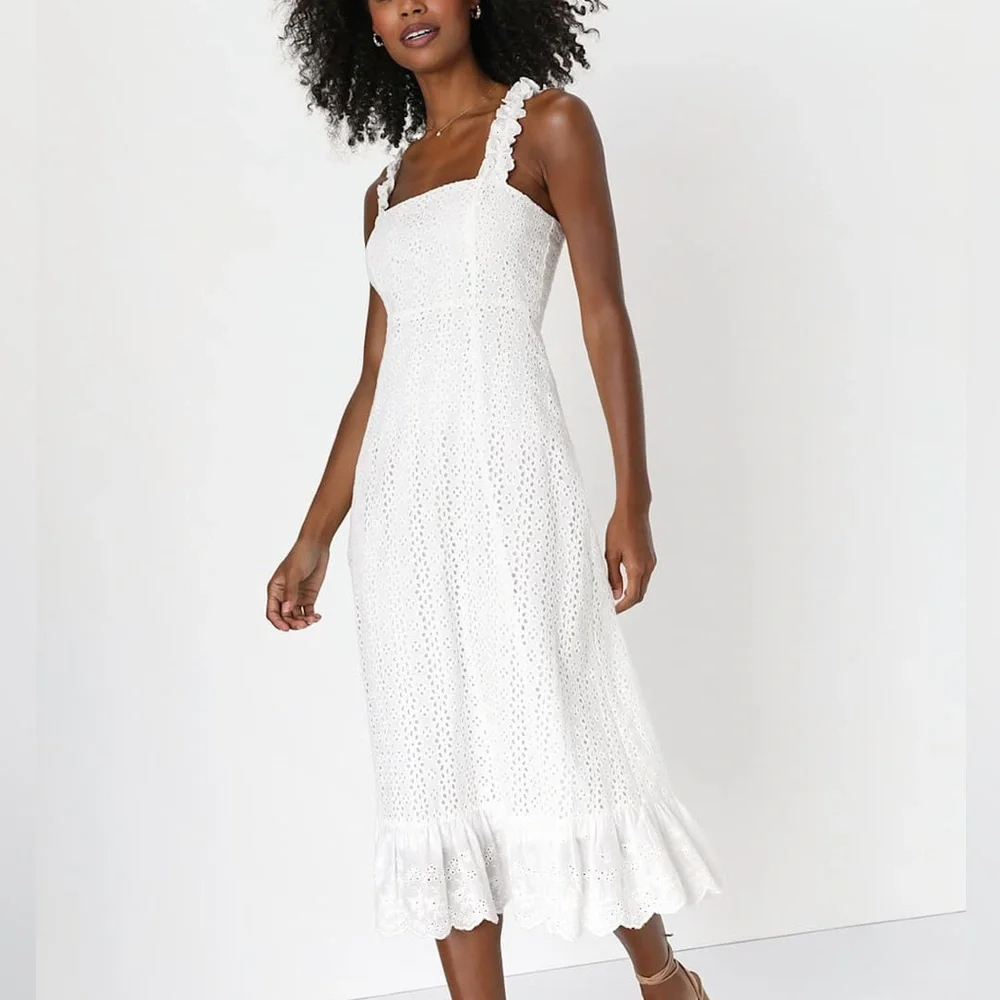 Lulu's Sincere Sweetheart White Cream Eyelet Lace Ruffled Midi Dress Size Medium - Picture 3 of 13